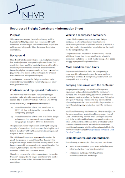 NHVR Info Sheet - Repurposed Containers